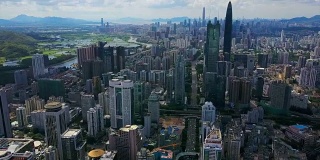 中国深圳城市景观晴天香港边境航拍全景4k
