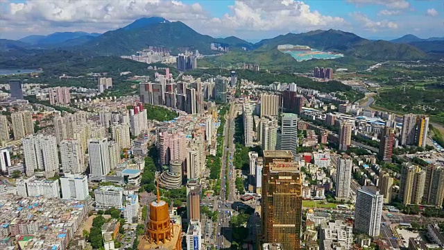 中国艳阳天深圳市景黄金大厦交通道路航拍全景4k