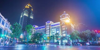 武汉城市夜景时间照明交通十字路口市中心全景4k时间流逝中国