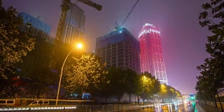 武汉城市夜景时间照亮市中心海湾建设交通道路全景，4k时间流逝中国