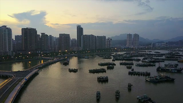 日落时间珠海市景海湾港口航拍全景4k中国