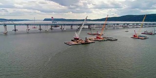 The aerial drone video of the construction of the Tappan Zee Bridge over the Hudson River