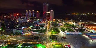 夜晚照亮了珠海城市景观拱北口岸入口拥挤的广场湾屋顶全景4k时间流逝中国