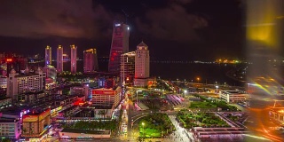 夜光照亮珠海市拱北口岸入口广场屋顶反射全景4k时间流逝中国