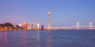 中国日落，珠海湾，澳门城著名塔海岸线全景4k时间
