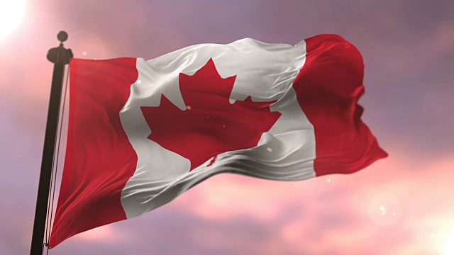 日落时加拿大国旗迎风飘扬，循环