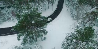 在冬季无人机拍摄的画面中，一辆汽车穿过积雪的松林