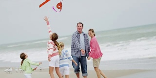 快乐的白种人家庭在户外沙滩上放风筝