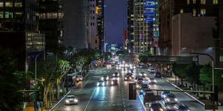 洛杉矶市中心的交通和建筑物夜晚时光流逝