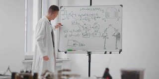 穿着大衣的年轻科学家正在白板上用记号笔写下数学公式