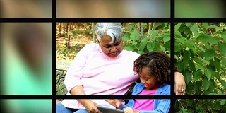 奶奶和孩子们一起在户外看书。
