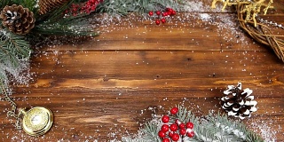 圣诞木背景与雪枝。顶部视图与复制空间的文本