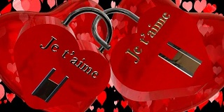 两个心形的红色挂锁，上面写着法语“Je t 'aime, I love you”，背景中有两个跳动的红色3D心形和移动的心形粒子，并用alpha通道保存