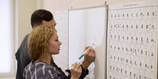 一个年轻人在办公室里帮助一个女孩学习汉字