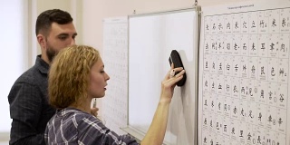 Medium shot of young man and a woman study the hieroglyphs in the classroom together