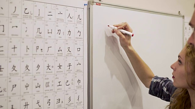一个年轻人教一个年轻女子读和写中文