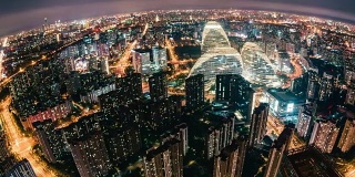 T/L PAN鱼眼和鸟瞰图北京天际线的夜晚