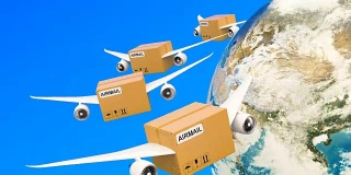 包裹带着翅膀在天空中环绕地球飞行。全球航运和交付概念，3D渲染