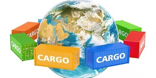 旋转地球与货物集装箱。全球货运概念，3D渲染孤立的白色背景