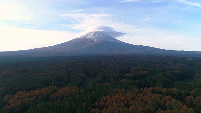 富士山上的鸟瞰图，秋日的森林阳光在阳光下的光线是美丽的，无人机的鸟瞰图，VDO 4k 60fps。