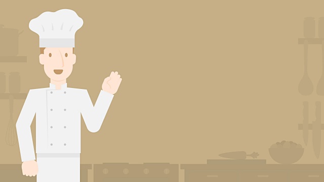 厨师与帽子介绍厨房浅棕色背景，无缝循环动画4K与复制空间