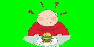 动画的一个胖男人与汉堡包坐在快餐，并试图决定是否吃它或不，动画手绘卡通人物，在色度键绿色屏幕背景。