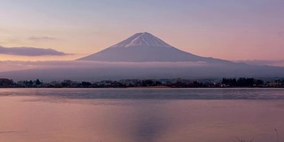 时光流逝从日出的富士山在川口湖的反射