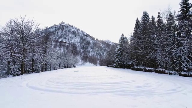 在多云的冬天，在松树林附近的高山积雪覆盖的田野上向前的航拍。欧洲阿尔卑斯山户外自然景观雪山野生建立。4k无人机飞行建立镜头