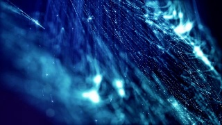 可循环的抽象粒子背景与景深，辉光闪烁和数字元素。在微观世界中，蓝色波浪粒子形成线，线形成曲面。V2视频素材模板下载