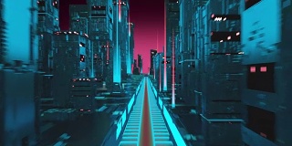 3D动画数字城市之间的摩天大楼之间的道路从服务器