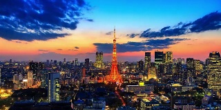4 k。时间流逝东京城市景观与东京塔在日本