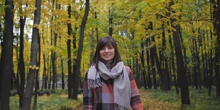 把上面的黄叶扔进去。秋天的女孩在城市公园里散步。肖像快乐可爱和美丽的年轻女子在森林在秋天的颜色。