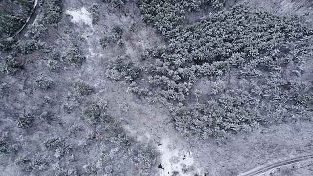 冬季航拍雪山森林与道路高姿态