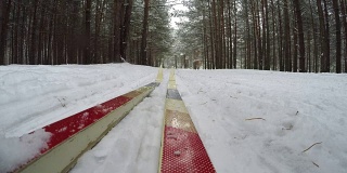 概念冬季圣诞森林。在下雪的冬天越野滑雪。冬季圣诞森林低角度视图。慢慢地下起了一场大雪。移动的摄像机安装在旧的越野滑雪板上。第一人称视角- POV
