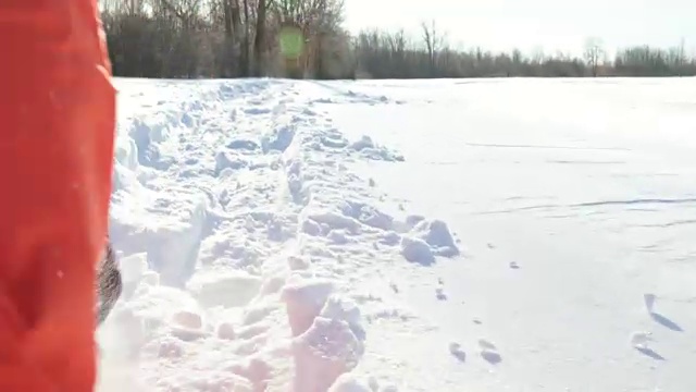 4K超高清视频的人雪鞋在新粉雪