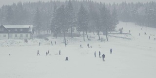 冬季运动，休闲雪橇，滑雪，雪橇。滑雪坡的总镜头。