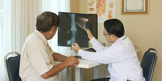 医生正在给病人看x光片并向病人解释