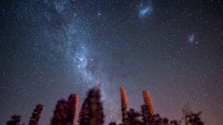 新西兰坎特伯雷特卡波湖的银河系和麦哲伦星云与星系恒星的时光流逝运动视频素材模板下载