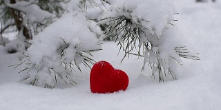 红心躺在雪地上。雪落。浪漫。情人节快乐。情人节快乐。