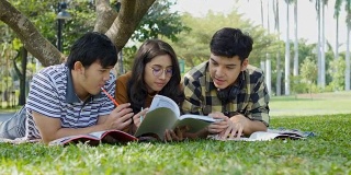 一群年轻的大学生躺在公园外面的草地上看书