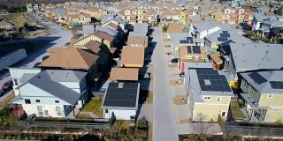 住宅上方全新现代郊区社区屋顶太阳能电池板无人机视图