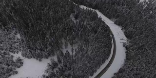 汽车行驶在雪地里的乡村道路上，无人机鸟瞰图