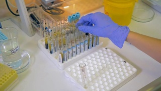 科学家在实验室烧瓶中分析病毒。视频素材模板下载