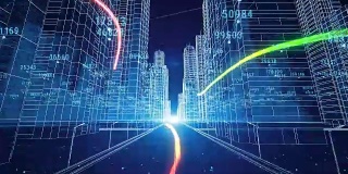 彩色笔触通过数字和网格数字夜城市。3d蓝图。商业和技术概念。3d动画。