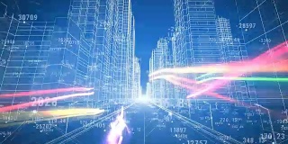 数字与网格的抽象数字城市。通过3d蓝图移动。商业和技术概念。蓝色3d动画。