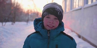 一个少年在冬日公园里谈笑风生。日落的时间。在新鲜空气中散步。健康的生活方式