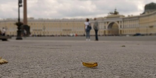 慢镜头:黄叶在总参谋部广场上飞舞，这是一个阴天——俄罗斯圣彼得堡