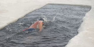 一个戴着银帽的男人在一个冰洞里游泳。