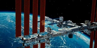 国际空间站围绕地球大气层旋转。环绕地球的空间站。3D动画。