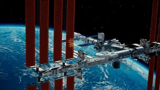 国际空间站围绕地球大气层旋转。环绕地球的空间站。3D动画。视频素材模板下载